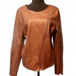 Worthington Brown Faux Leather Jacket with Asymmetric Zipper - Size Large